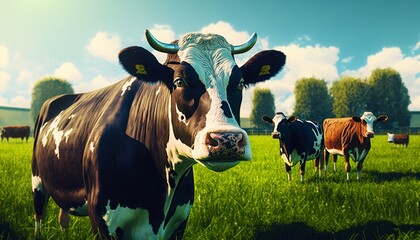 Cows on green pasture close up. Generative AI - obrazy, fototapety, plakaty