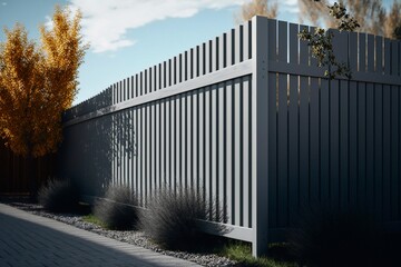 High grey fence. Modern barrier aluminum slats. Modern stone fence with metal shutters. Generative AI