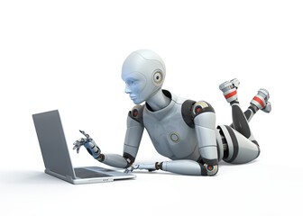 Robot lying on floor and using laptop. 3D illustration - 586947852