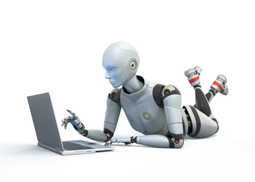 Robot lying on floor and using laptop. 3D illustration
