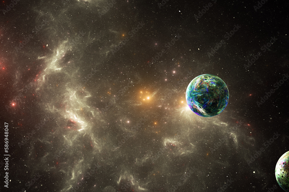 Poster yellow clouds of stardust with a green planet in black space. abstract fractal 3d rendering