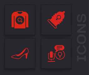 Set Microphone, Feminist shirt, Condom and Woman shoe icon. Vector