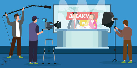 Tv news studio with television presenters reporting in broadcasting room 2d vector illustration concept for banner, website, illustration, landing page, flyer