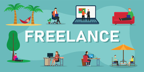 Working at home, coworking space, Feeelance work 2d vector illustration concept for banner, website, illustration, landing page, flyer