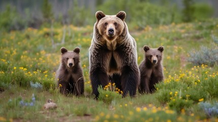 brown bear walking in the forest with her cubs, generative ai