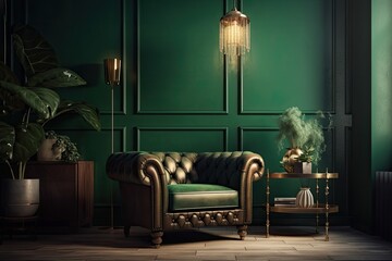 Luxury living room in a home with a leather seat and little adornment against a blank green wall. Generative AI