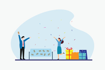 Lucky girl winning prizes gift box 2d vector illustration concept for banner, website, illustration, landing page, flyer