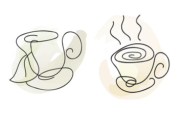 Circle with one line. Two mugs with hot drinks in line art style. Vector graphics line art.