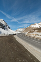 Snow covered mountain panorama on the Julier pass in Switzerland