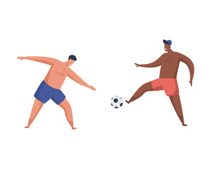 Obraz premium Vector image of cartoon male playing beach soccer. Summer football game illustration. Outdoor activity and men leisure. Fitness and health exercise. Ball player poster. Summer and holiday theme.