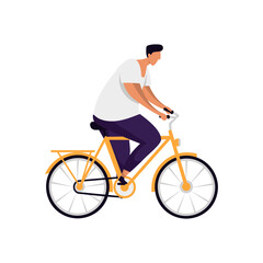 Obraz premium Bicyclist or man rider on bicycle vector image. Flat illustration of bicycler or biker, cyclist or wheelman. Male biking outdoor, adult guy doing exercise. Cartoon person on pedal transport. Activity.