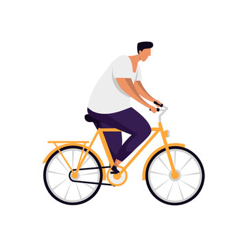 Bicyclist or man rider on bicycle vector image. Flat illustration of bicycler or biker, cyclist or wheelman. Male biking outdoor, adult guy doing exercise. Cartoon person on pedal transport. Activity.