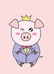 Cute Prince Piggy on pink background 