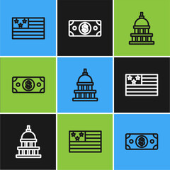 Set line American flag, White House and Stacks paper money cash icon. Vector