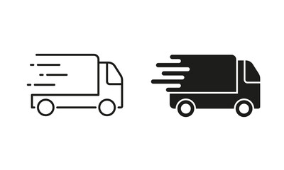 Service Truck Silhouette and Line Icon Set. Fast Van Shipping Order Pictogram. Express Free Delivery Service Car Courier Sign. Quick Vehicle Transport. Editable Stroke. Isolated Vector Illustration