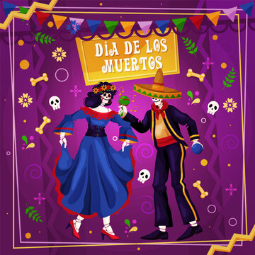 Dia de los muertos, greeting card or banner. Vector illustration. Traditional mexican holiday, memorial day of the dead family members. Skeleton characters dance on the festival.