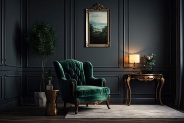 a vintage interior space with modern furnishings, opulent accents, a green chair, a black light, wood floors, and a dark gray frame wall. Generative AI