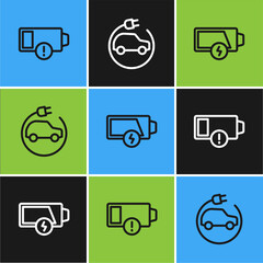 Set line Low battery, and Electric car icon. Vector