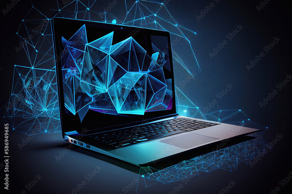 Fototapete a portable computer with a abstraction screen. technological bac generative ai