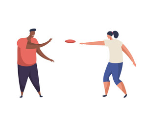 Simplistic characters playing frisbee game. Vector illustration for disk play. Throwing and catching disc activity. Flying plate exercise. Motion and leisure, recreation and active summer theme.
