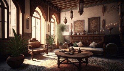 Fototapeta na wymiar Arabian culture with this ultrarealistic 8k interior. Admire the beautiful craftsmanship and intricate details of the furniture, textiles, and decor. Generated by AI.