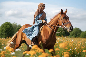 Fototapeta premium Young woman muslim with her horse, generative awi