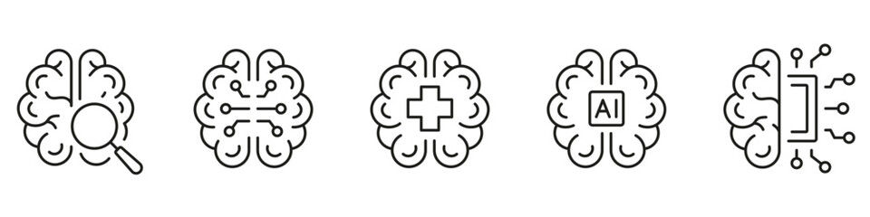 Human Brain AI Concept Black Line Icon Set. Neurology Science, Digital Technology Linear Pictogram. Artificial Intelligence Symbol on White Background. Editable Stroke. Isolated Vector Illustration
