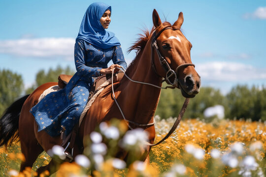 Young woman muslim with her horse, generative awi