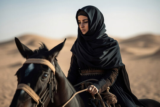 Young woman muslim with her horse, generative awi