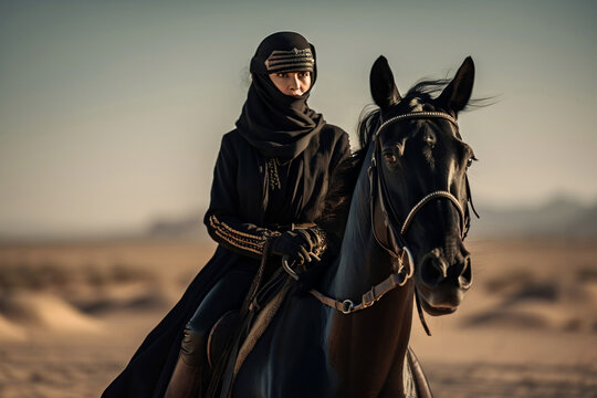 Young woman muslim with her horse, generative awi