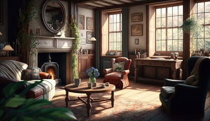 English country entrance room interior captures the essence of countryside living with its warm colors, floral patterns, and rustic decor. Generated by AI.