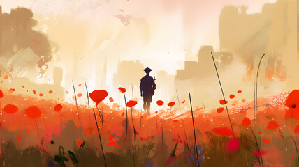 Abstract painting concept. Colorful art style of a soldier in a red poppies field. Anzac day - Lest we forget. Generative AI. - obrazy, fototapety, plakaty