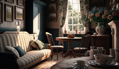 Fototapeta premium English country entrance room interior features a cozy fireplace, plush seating, and traditional accents that create a welcoming and inviting space. Generated by AI.