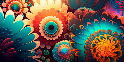 Psychedelic flower patterns on a bright background Generative AI