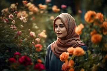woman in a beautiful flower garden, generative ai