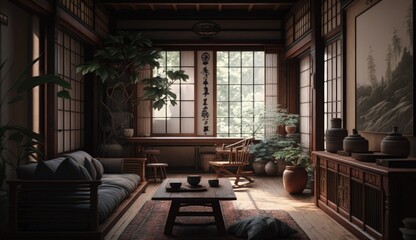 Fototapeta na wymiar Japanese and Scandinavian minimalism, creating a space that is both calming and functional, with a focus on natural materials and clean lines. Generated by AI.