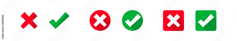 Poster check and cross mark, set red and green icon in square of a square and a circle. isolated web button