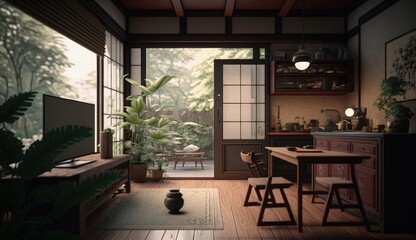 Fototapeta na wymiar Japandi interior design blends the best of Japanese and Scandinavian styles, offering a modern and minimalist space that is warm, functional, and inviting. Generated by AI.