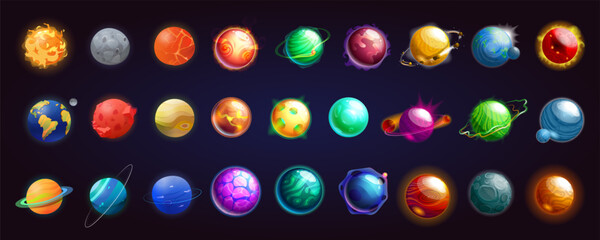 Set of vector icons of planets and cosmic stars. Isolated cartoon globe of earth and moon. Saturn, uranus, jupiter, mercury, pluto, neptune, mars, venus. Astronomy and cosmos satellite, solar theme. © Elegant Solution