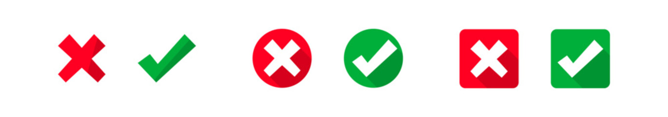 Obraz premium Check and cross mark, set red and green icon&nbsp;in square of a square and a circle. Isolated web buttons in flat style. Vector illustration