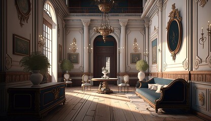 Neoclassical interiors showcase a sense of order and balance, with clean lines, a restrained color palette, and an emphasis on classical forms and motifs. Generated by AI. - obrazy, fototapety, plakaty