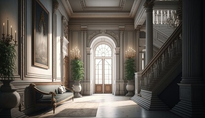 Fototapeta premium The neoclassical interior embodies a sense of elegance and sophistication, with its rich materials, fine craftsmanship, and attention to detail. Generated by AI.