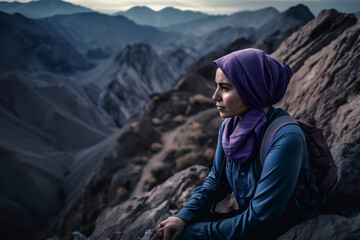 Young muslim girl standing on rock with amazing view, generative ai