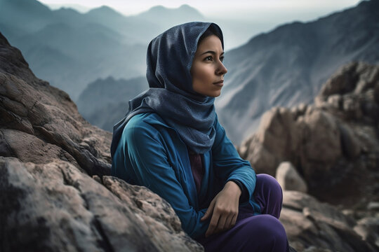 Young muslim girl standing on rock with amazing view, generative ai