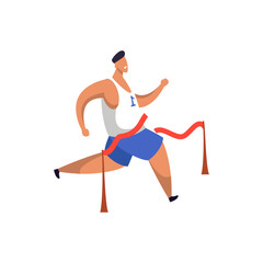 Fototapeta premium Vector illustration with runner winning marathon. Simple cartoon athlete with ribbon. Clipart with sprinter on race. Champion and speed, sport and jogging, athletics and finish, competition theme.