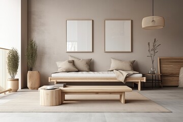 Conceptual home design in modern Scandinavian style. Beige plaster wall mockup. Wooden table and décor with minimal couch. Excellent quality. Generative AI