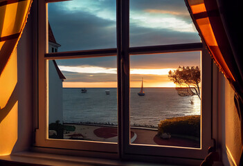 View from a farmhouse in a beautiful sunset on the sea and a lonely sailboat. AI Generated