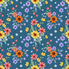 Fototapeta na wymiar Beautiful blooming flowers design on green color background seamless pattern. Can be used for fabric textile wallpaper.