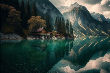 beautiful landscape with mountains and crystal clear lake