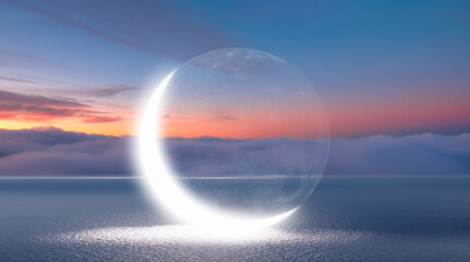 Abstract background of amazing crescent moon over the sea at sunset